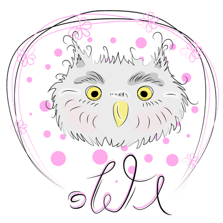 Cute owl face in a floral frame with a bow, owl, design, trendy, gray, pinkのイラスト素材