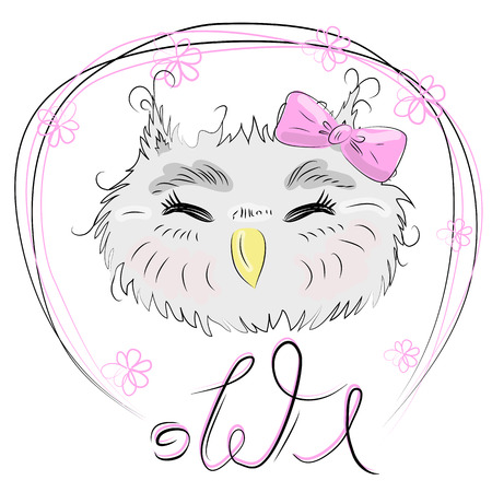 Cute owl face in a floral frame with a bow, owl, design, trendy, gray, pinkのイラスト素材