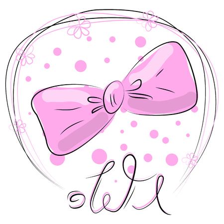 Hand drawn illustration of a funny bow in a flower chain, with text owl. Isolated objects on white background. Design concept for children.のイラスト素材