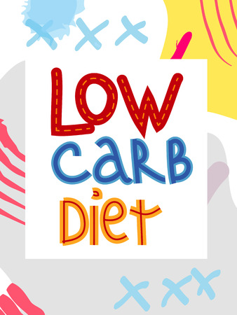 Low carb diet collage lettering. Ketogenic eating slogan, phrase on memphis background. Healthy nutrition poster, banner design templateのイラスト素材
