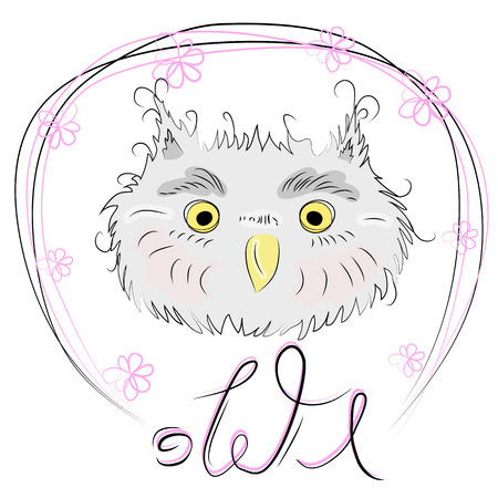 Cute owl face in a floral frame with a bow, owl, design, trendy, gray, pinkのイラスト素材