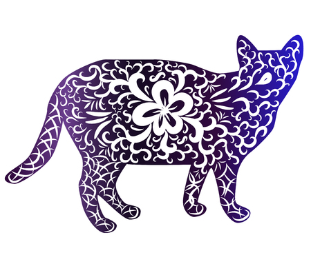 Elegant cat, silhouette, hand-painted in Indian style, print, design. The concept of grace, beauty of a cat, a unique pattern drawn by hand in Indian styleのイラスト素材