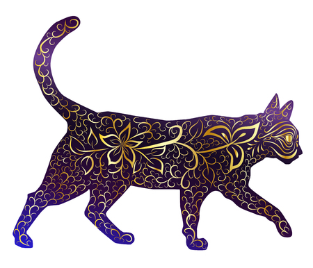 Elegant cat, silhouette, hand-painted in Indian style, print, design. The concept of grace, beauty of a cat, a unique patternのイラスト素材