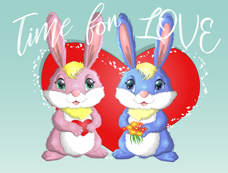 Happy valentine's day. Love card. A pair of cute bunnies girl and boy, pink and deep against a red heart. Concept of love confession, marriage proposal, relationship, coupleの写真素材