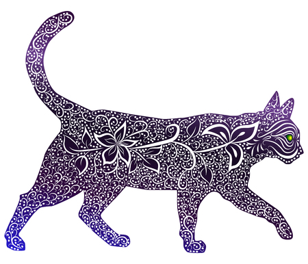 Elegant cat, silhouette, hand-painted in Indian style, print, design. The concept of grace, beauty of a cat, a unique patternのイラスト素材