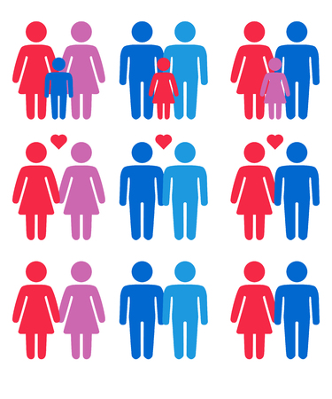 Gay, lesbian, hetero couples and family with children icons setのイラスト素材