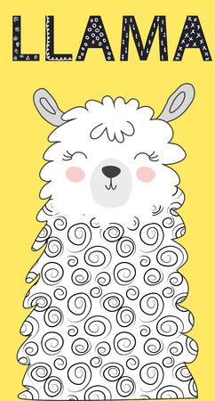Hand drawn vector illustration of a cute funny llama. Isolated objects on white. Inscription Lama. Scandinavian style flat design.のイラスト素材