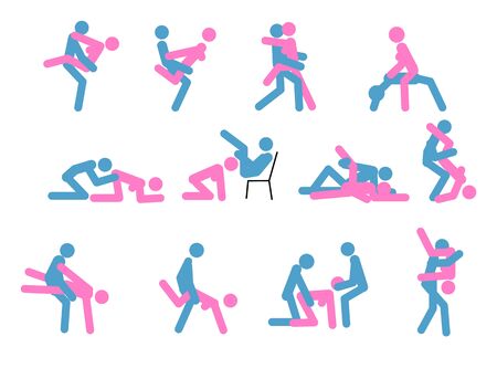 Cartoon Different Sex Poses. Concept Of Passion Erotic Flat Design Style. Kamasutra, sketchy poses for making love. Set. Yin and Yang, man and woman love each otherのイラスト素材