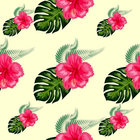 Tropical hibiscus flowers and palm leaves bouquets seamless pattern. Jungle foliage illustration with exotic plants. Summer beach floral surface design.のイラスト素材