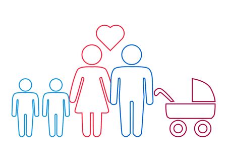 A schematic depiction of a hetero family couple man and woman with children, iconのイラスト素材