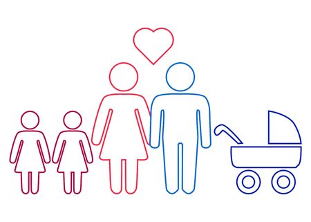 A schematic depiction of a hetero family couple man and woman with children, iconのイラスト素材