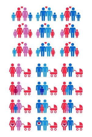 Gay, lesbian, hetero couples and family with children icons setのイラスト素材