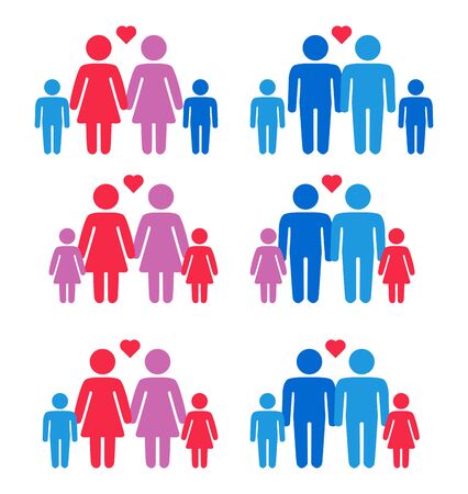 Gay, lesbian, hetero couples and family with children icons setのイラスト素材