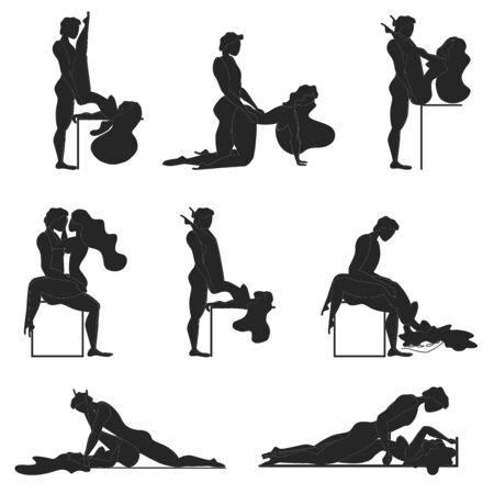 Cartoon Different Sex Poses. Concept Of Passion Erotic. Kamasutra, sketchy poses for making love. Set. Yin and Yang, man and woman love each otherのイラスト素材