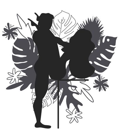 Kama Sutra, a man and a woman have sex. The art of love. Sexual position Erotic V.Against the background of a bouquet of tropical leaves of palm trees, monster and flowers. Monochromeのイラスト素材