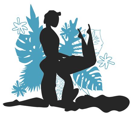 Kama Sutra, a man and a woman have sex. The art of love. Sexual position G-Force.Against the background of a bouquet of tropical leaves of palm trees, monster and flowers. Monochromeのイラスト素材