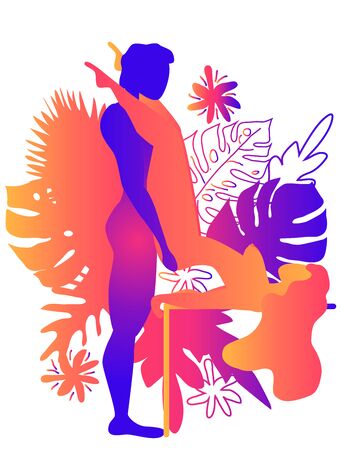 Kama Sutra, a man and a woman have sex. The art of love. Sexual position Butterfly.Against the backdrop of tropical leaves Monstera and flowers. Warm Gradients, Yin-Yangのイラスト素材