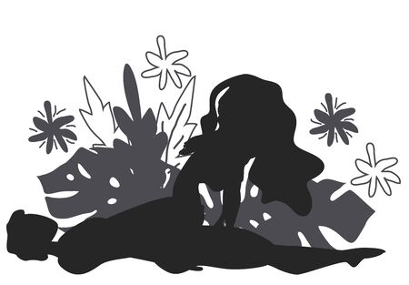 Kama Sutra, a man and a woman have sex. The art of love. Sexual position Clip.Against the background of a bouquet of tropical leaves of palm trees, monster and flowers. Monochromeのイラスト素材