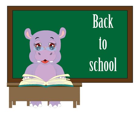 background with funny hippopotamus around a blackboard with the words Back to schoolのイラスト素材