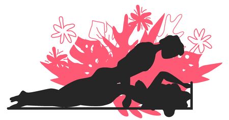 Kama Sutra, a man and a woman have sex. The art of love. Sexual position Nirvana. Against the background of a bouquet of tropical leaves of palm trees, monster and flowers. Monochromeのイラスト素材