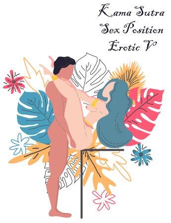 Kama Sutra, a man and a woman have sex. The art of love. Sexual position Erotic V. Against the background of a bouquet of tropical leaves of palm trees, monster and flowers. Scandinavian styleのイラスト素材