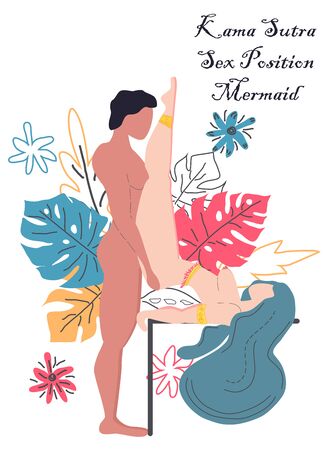 Kamasutra, sketchy poses for making love. Pose Mermaid. Against the background of a bouquet of tropical leaves of palm trees, monster and flowers. Scandinavian styleのイラスト素材