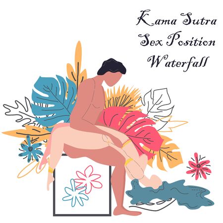 Kama Sutra, a man and a woman have sex. The art of love. Sexual position Waterfall. Against the background of a bouquet of tropical leaves of palm trees, monster and flowers. Scandinavian styleのイラスト素材