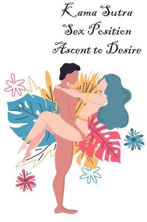 Kama Sutra, a man and a woman have sex. The art of love. Sexual position Ascent to Desire. Against the background of a bouquet of tropical leaves of palm trees, monster and flowers. Scandinavian styleのイラスト素材