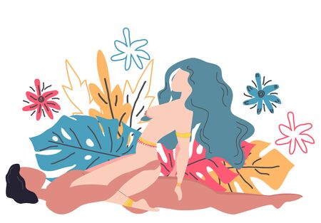 Kama Sutra, a man and a woman have sex. The art of love. Sexual position Clip. Against the background of a bouquet of tropical leaves of palm trees, monster and flowers. Scandinavian styleのイラスト素材