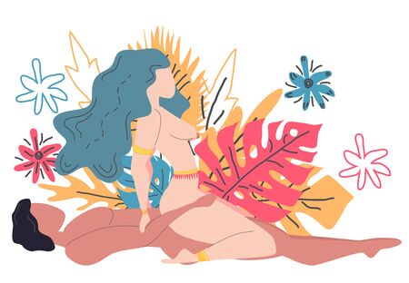 Kama Sutra, a man and a woman have sex. The art of love. Sexual position Rewers Cowgirl. Against the background of a bouquet of tropical leaves of palm trees, monster and flowers. Scandinavian styleのイラスト素材