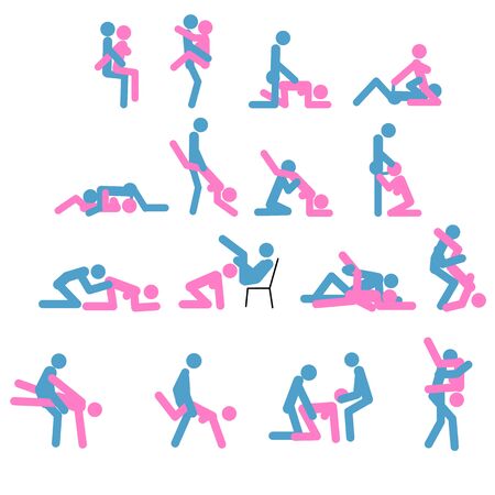 Cartoon Different Sex Poses. Concept Of Passion Erotic Flat Design Style. Kamasutra, sketchy poses for making love. Set. Yin and Yang, man and woman love each otherのイラスト素材