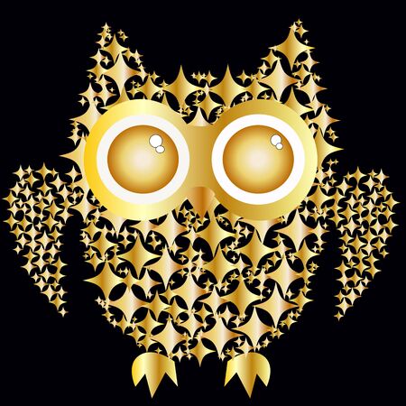 An owl consisting of gold plates on a black background. The symbol of wealth, wisdomのイラスト素材