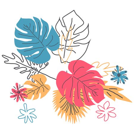 Scandinavian hand drawn nature illustration wedding or travel design. summer isolated flat flower bouquet tropical palm monsteraのイラスト素材