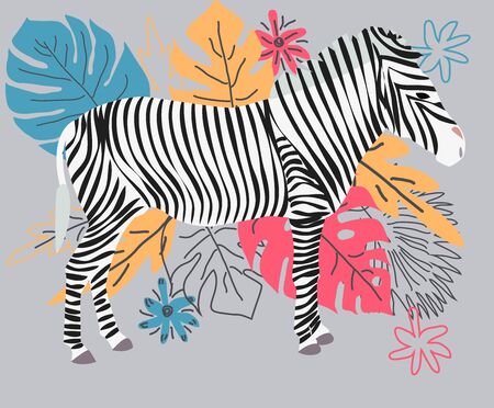 Hand drawn colorful zebra with flowers, Monstera, a bouquet. Zebra - word with cute design. Scandinavian style design.のイラスト素材