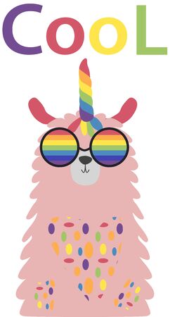 Lama in the Scandinavian style, fashionable, cool, in rainbow glasses. LGBT freedom concept.のイラスト素材