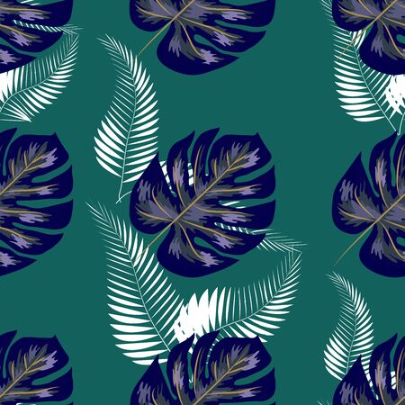 Green pattern with monstera palm leaves. Seamless summer tropical fabric design.のイラスト素材