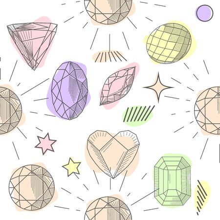 Seamless pattern with colorful fairytale crystals gems. Rainbow multicolored gem stonesのイラスト素材