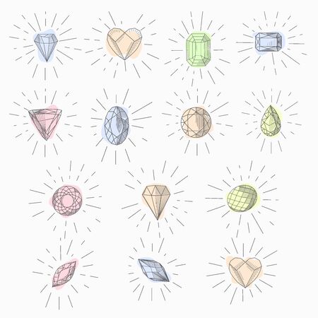 Set black and white simple line art symbol of diamond with rays aroundのイラスト素材