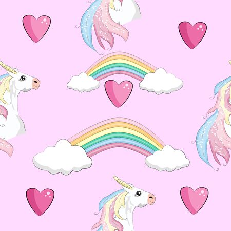 Seamless pattern with cute unicorns, clouds,rainbow and stars. Magic background with little unicorns.のイラスト素材