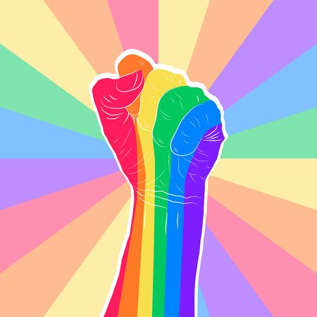 Rainbow colored hand with a fist raised up. Gay Pride. LGBT concept.のイラスト素材