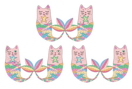 Set of cute cat mermaids isolated on white background. Doodle illustration.のイラスト素材