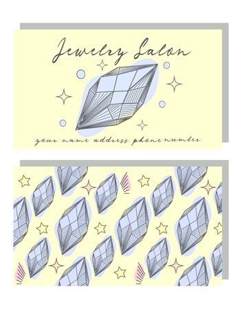 Business Identity - business card template with front side with logo - black diamond, crystal, text and back side with pattern with precious stones.のイラスト素材
