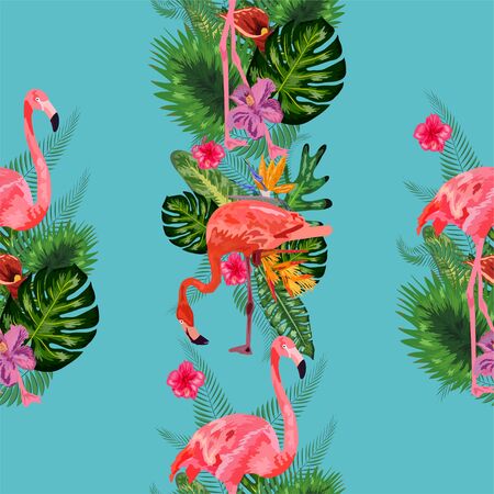 Beautiful seamless vector floral summer pattern background with tropical palm leaves, flamingo, hibiscusのイラスト素材