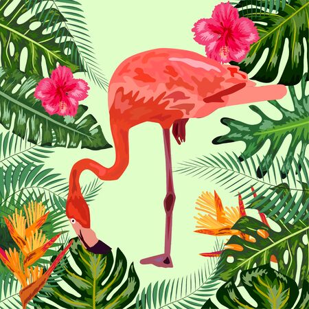 Tropical Flowers Background. Summer Design. Flamingo. T-shirt Fashion Graphic. Exoticのイラスト素材