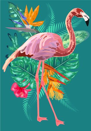 Tropical Flowers Background. Summer Design. Flamingo. T-shirt Fashion Graphic. Exoticのイラスト素材
