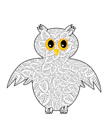 ornamental Owl, ethnic zentangled mascot, amulet, mask of bird, patterned animal for adult anti stress coloring pages.のイラスト素材