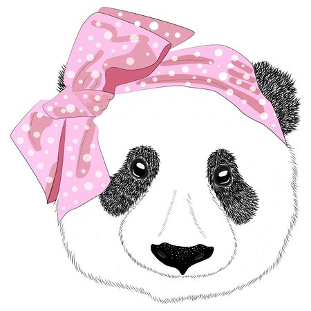 A hand drawn illustration of the head of a panda girl with a bow in the style of the 60s. Isolated cute fashion portrait on white background.のイラスト素材