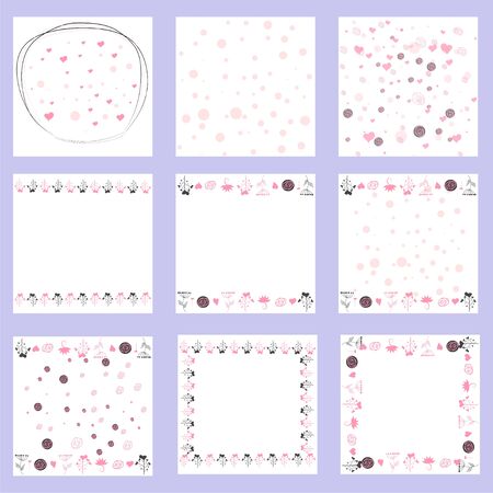 Set of nine delicate backgrounds, frame, scrapbook, with pink flowers, roses, balloons and hearts. Girl pinkのイラスト素材