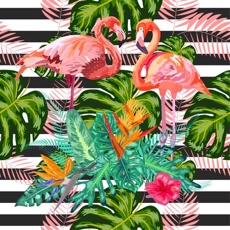 Seamless pattern with dark grunge stripes and pink flamingo. Pink flamingo background designのイラスト素材