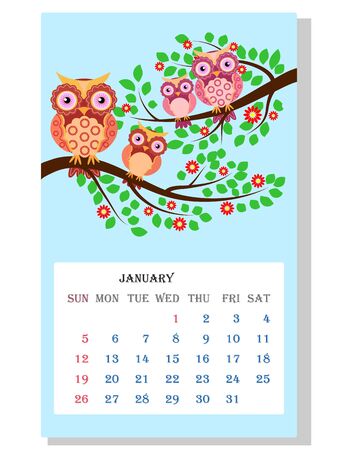 Calendar 2021. Cute owls and birds for every month.のイラスト素材